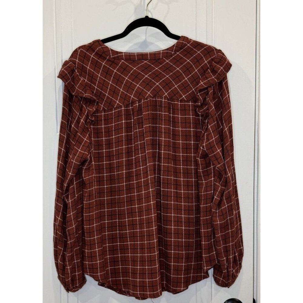Torrid Brown Plaid Long-Sleeve Ruffle Blouse 1xl Crinkle Gauze Style EUC - Picture 2 of 9